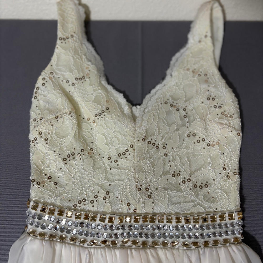 B. Darlin High Low Dress Womens 1/2 White Lace Sequin Rhinestone Formal - Picture 5 of 11